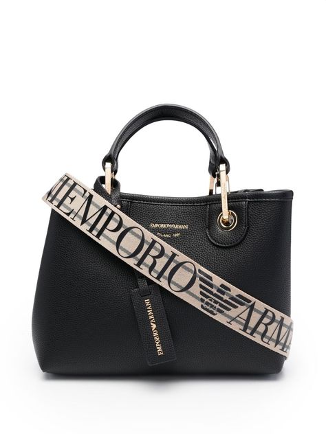 Black logo tag tote bag from EMPORIO ARMANI featuring logo print to the front, logo tag, two top handles, internal zip pocket and gold-tone hardware. This item is in size UNI and the color is Black Armani Logo, Emporio Armani Women, Latest Fashion Design, Logo Tag, Crossbody Clutch, Chanel Deauville Tote Bag, Black Tote, Everyday Bag, Black Logo