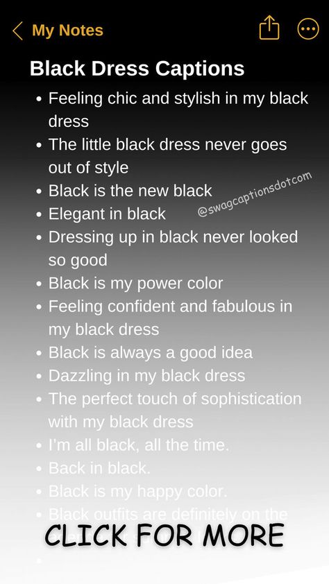 Discover the perfect "Black Dress Captions For All Occasions" to make your social media posts shine! Whether you're headed to a formal event, a night out, or a casual gathering, our collection of chic and stylish captions has you covered. Find the best Instagram captions for your little black dress, from witty and playful to classy and elegant. Stylish Captions, Best Black Dress, Fashion Captions, Dress Captions, Best Instagram Captions, Of Captions, Perfect Black Dress, Dress Quotes, Gorgeous Black Dress