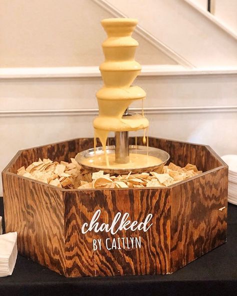 Chalked By Caitlyn on Instagram: “When this bride asked me if I could build a queso fountain for her wedding, my answer was TOTALLY! Now who’s ready to have a fiesta? . . .…” Nacho Cheese Fountain Bar, Walking Gyros, Queso Fountain, Wedding Stations, Cheese Fountain, Taco Bar Party, Charcuterie Board Wedding, Salsa Bar, Wedding Feast