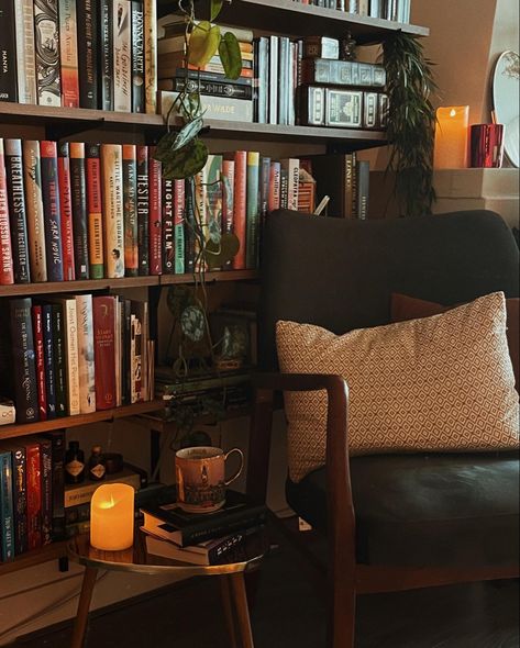 Book Corner Apartment, Reading Nook Dark Academia, Reading Book Small Space, Home Bookshelf Aesthetic, Cozy Armchair Reading Corners, Apartment Book Nook, Reading Corner Small Space, Book Nook Corner, Small Bedroom Library