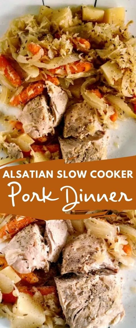 This delicious and hearty Alsatian Pork Dinner is simmered in the slow cooker; melding all the flavors into an amazing and easy meal. Pork Casserole, Pork Dinner, Slow Cooker Pork, French Cooking, French Food, Pulled Pork, Slow Cooker Recipes, Crockpot Recipes, New Recipes