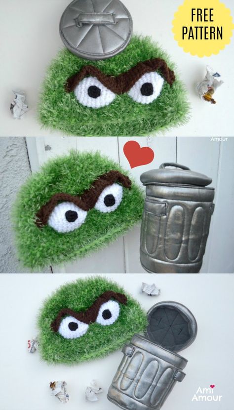 Oscar The Grouch Crochet, Crochet Newborn Hat Free Pattern, Bucket Hats Crochet, Crochet Funny Hat, Easy Granny Square Crochet, Colorful Granny Square, Easy Granny Square, Crochet Character Hats, Crochet Colorful