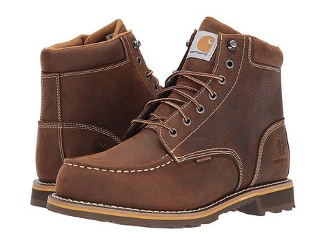 Carhartt 6 Moc Toe Lug (Dark Bison Oil Tanned) Men's Work Boots. Work at your best every day with the tough yet comfortable Carhartt 6 Moc Toe Lug Boot. Style number: CMW6197 Oiled tanned leather upper. Soft toe meets ASTM F2892-11 EH safety standards. Breathable and waterproof Storm Defender membrane keeps out the wet elements for a drier  more comfortable foot environment. FastDry technology lining wicks away sweat for comf #Carhartt #Shoes #Boot #Work #Brown Carhartt Boots, Mens Carhartt, Industrial Boots, Lug Boots, Moc Toe Boots, Tan Guys, Wellington Boot, Work Boots Men, Goodyear Welt