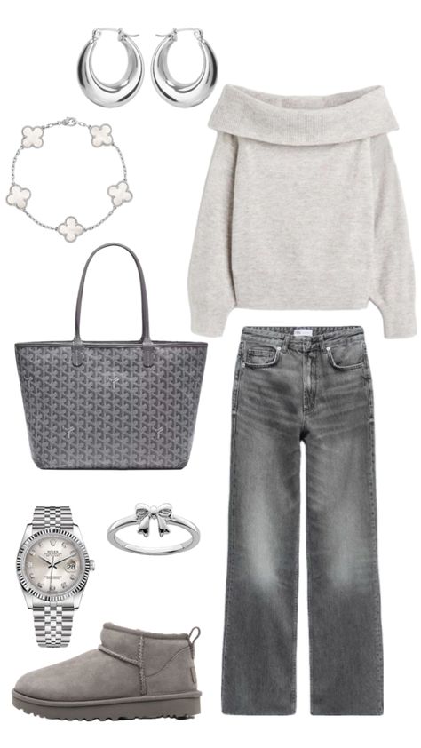 #outfitinspo #knitwear #grey #uggs #silver #goyard #vancleef #rolex Gray Uggs Outfit, Grey Uggs Outfit, Silver Shoes Outfit, Winter Style Inspiration, Uggs Outfit Winter, Grey Uggs, Silver Outfit, Trendy Outfits Inspiration, Silver Outfits