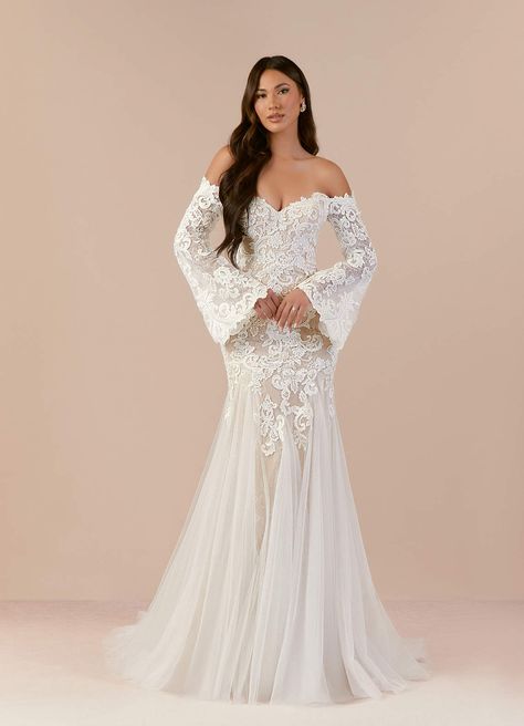 Diamond White/Nude Azazie Arlette Mermaid Sweetheart Sequins Tulle Chapel Train Dress | Azazie Mermaid Wedding Dress With Sleeves, Chapel Train Wedding Dress, Mermaid Sweetheart, Mermaid Fairy, Wedding Dress Lace, Wedding Dress Train, Dream Wedding Ideas Dresses, Sleeve Wedding Dress, Chapel Train