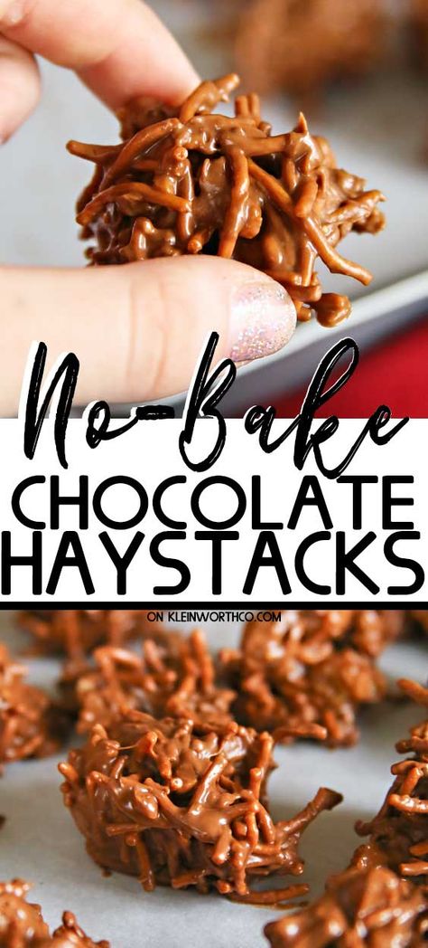 No-Bake Chocolate Haystacks are a classic holiday treat. They are easy to make with just 4 ingredients, PLUS they keep well when included in care packages. Hay Stack Candy, Recipe For Haystacks, Chocolate Pretzel Haystacks, Caramel Haystacks Recipe, Christmas Candy Haystacks, Haystacks Recipe Chocolate, Easy Haystack Recipe, Haystack Candy Recipe, Christmas Haystacks Recipe