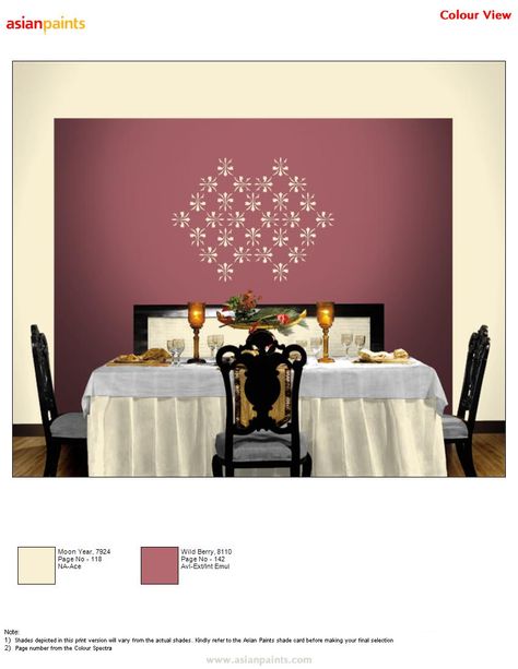 Dining space with nice bright color and pale color prints gives a royal dinning appearance and emphasis to the space Wall Color Design, Paint Colour Combination, Wall Pattern Diy, Wall Paint Colour Combination, Aqua Bedrooms, Asian Paints Colours, Room Color Combination, Wall Color Combination, Colour Wall