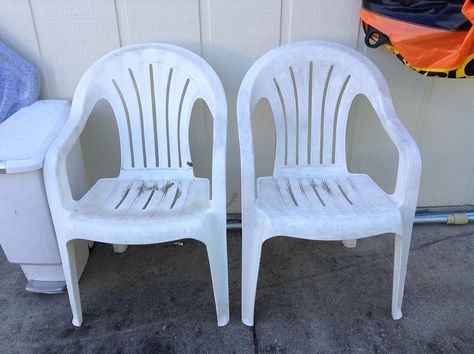 Pool Chairs - Wondering what to do with your old plastic chairs? We didn't want to throw ours out, so we cut off the legs and painted them. Now they're great fo… Chair Makeover Ideas, Painting Plastic Chairs, Outdoor Plastic Chairs, Backyard Chairs, White Plastic Chairs, Upcycle Chair, Plastic Chairs, White Chairs, Pool Chairs