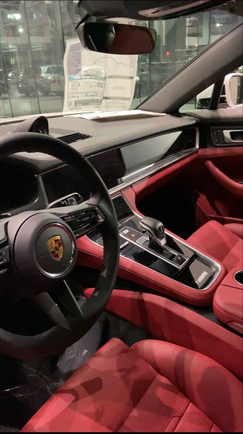 Porsche Cayenne Red Interior, Black Porsche Red Interior, Black Cars With Red Interior, Porsche Macan Red Interior, Cars With Red Interior, Porche Interiors Car, Black Car Red Interior, Porsche Interior Aesthetic, Porsche Red Interior