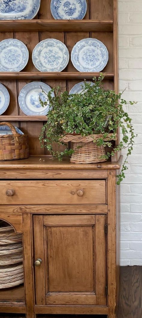 Cottage Hutch Decorating Ideas, Hutch In Living Room, Hutch Decorating Ideas, Living Room Hutch, Pine Hutch, Cozy Kitchens, Antique Booth Ideas, Hutch Decor, Antique Booth