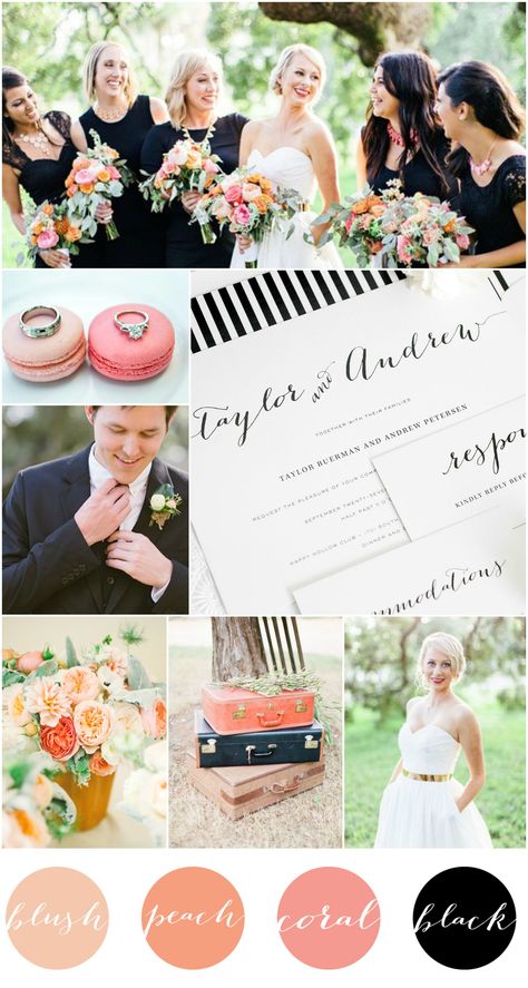 Blush Peach Coral Black Wedding Inspiration From @shinewedding Black Wedding Inspiration, Wedding Colors Black, Shine Wedding Invitations, Peach Bouquet, Wedding Color Pallet, Script Wedding Invitations, Trendy Wedding Invitations, Black Wedding Invitations, Romantic Wedding Decor