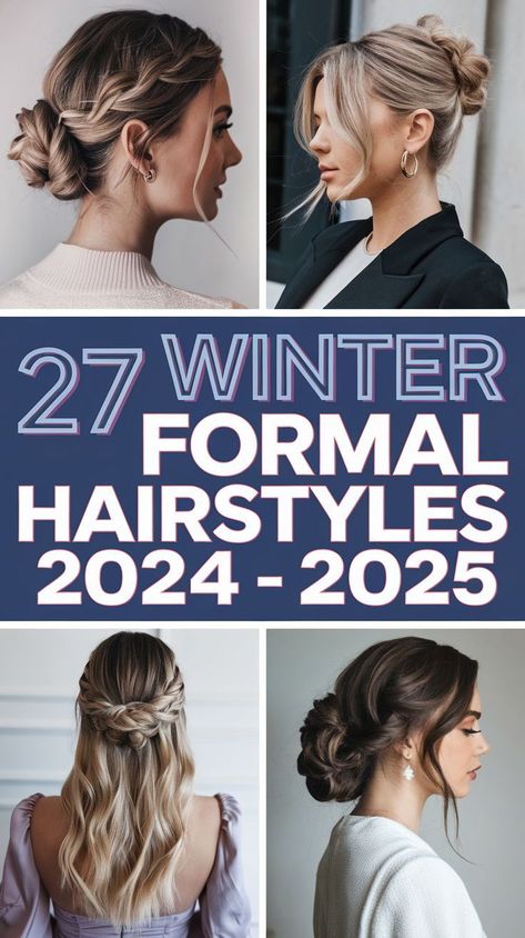 Winter formal hairstyles 2024 - 2025 are all about sleek elegance and effortless style. Long hair can be styled into soft curls or a chic ponytail, while short hair looks great in a simple updo or textured braids. For black hair, try a protective bun or easy curls for a stunning winter look. Enhance the style with hair ribbons or bold partings. Winter Wedding Bridesmaid Hairstyles, Hairstyle For Dark Hair, Soft Hairstyles For Long Hair, 2024 Wedding Guest Hair, Hair For Formal Dress, Bridesmaid Hairstyles 2024 Trends, Formal Hairdos For Long Hair, 2024 Formal Hair Trends, 2024 Updo Trends