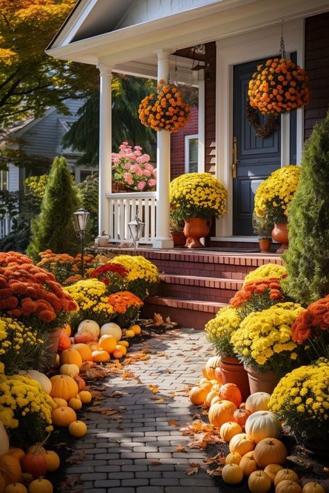 Thanksgiving Front Porch, Stoop Decor, Front Door Decor Ideas, Fall Porches, Door Decor Ideas, Ideas For Thanksgiving, Stair Ideas, Fall Container Gardens, Fall Mums