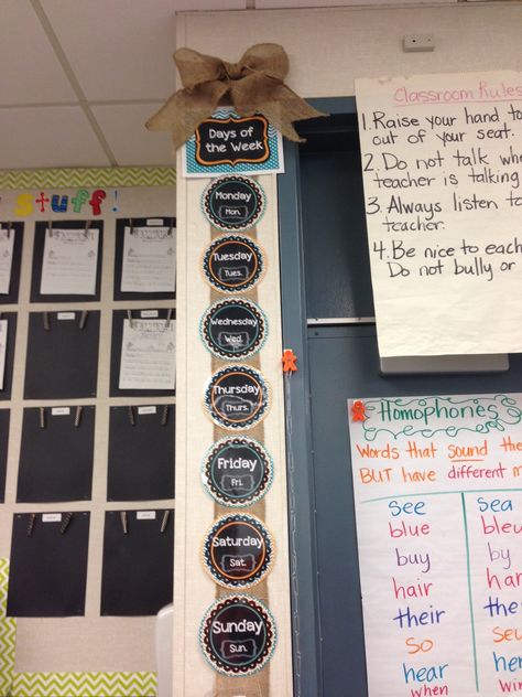 A peek into my classroom--using burlap as a decoration Burlap Classroom, Shabby Chic Classroom, Chalkboard Classroom, Peaceful Music, Reggio Classroom, Classroom Tour, Classroom Makeover, Classroom Decor Themes, 4th Grade Classroom