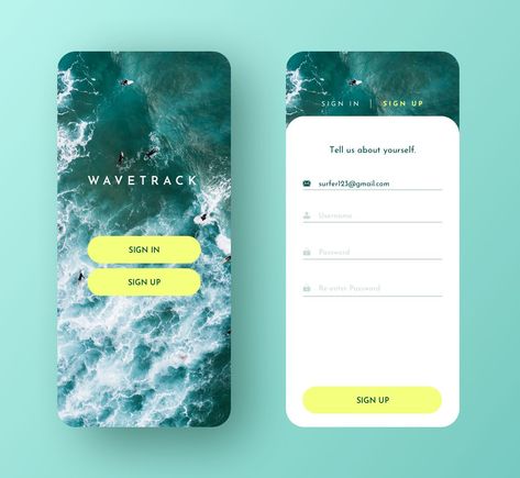 Surf Forecast App - Sign Up by Michelle Thompson #uidesign #appdesign #trend App Login Ui, Quote App, Michelle Thompson, Surf App, Login Ui, Login Screen, Login Design, Ui Ux 디자인, App Design Layout