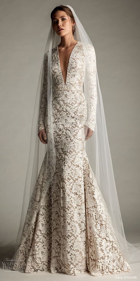 ersa atelier spring 2024 bridal long flare sleeves plunging v neckline embellished lace fit flare mermaid wedding dress chapel train (7) mv -- Ersa Atelier Spring 2024 Wedding Dresses | Wedding Inspirasi  #wedding #weddings #bridal #weddingdress #weddingdresses #bride #fashion #collection:WhiteOrchid #label:ErsaAtelier #week:292024 #year:2024 ~ Ersa Atelier, Wedding Dress Sketches, Modest Wedding Gowns, High Neck Wedding Dress, Classy Wedding Dress, Pretty Wedding Dresses, Fancy Wedding Dresses, Dream Wedding Ideas Dresses, Wedding Dress Inspiration