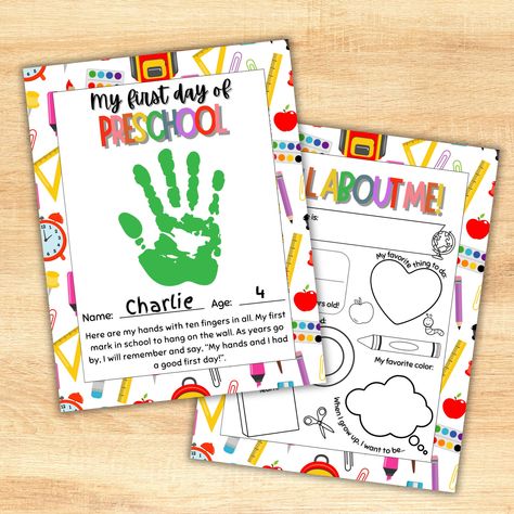 First day of school sign | Preschool printables | Handprint art keepsake | Handprint craft all about me | Preschool footprint art First Day Of Daycare, 1st Day Of School Sign, Handprint Poem, All About Me Printable, Handprint Keepsake, All About Me Preschool, Print Stamp, First Day Of Kindergarten, First Day Of School Sign