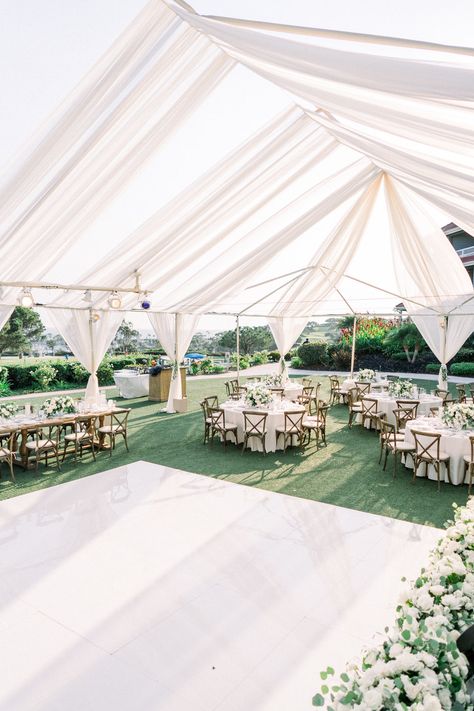 Wedding Ideas Farm Rustic, Big Tent Wedding Receptions, Tented Outdoor Wedding Ceremony, All White Wedding Reception Outdoor, Frame Tent Draping Wedding, Wedding Under Tent Reception Ideas, Outdoor Tented Wedding Reception, Laguna Cliffs Marriott Wedding, Clear Tent Wedding Dance Floor