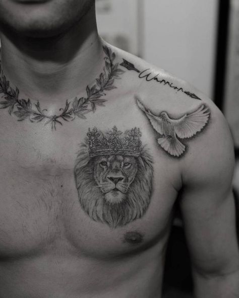 Lion With Crown Chest Tattoo, Lion Pec Tattoo, Men’s Lion Chest Tattoo, Lion On Chest Tattoo, Dove Tattoo Chest, Animal Chest Tattoo Men, Crown Lion Tattoo, Collar Tattoo Men, Laurel Crown Tattoo