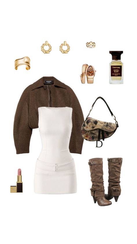 white sleeveless dress, brown jacquemeus jacket, brown loose knee length boots, vintage dior saddle bag, gold accessories, gold jewellery, gold bvlgari watch, gold ring, gold earrings, gold cuff bracelet, tom ford lipstick, tom ford santal blush perfume, aesthetic, autumn, fall, winter, warm, date, dinner, fancy, old money, wealth, expensive, classy, timeless, europe, london, new york, fashion, clothes Fancy Dinner Outfit, Dinner Fancy, Dinner Outfit, Fancy Dinner, Dinner Outfits, Fitness Inspo, Elegant Fashion, Fall Outfits, Lookbook