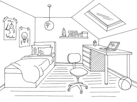 Bedroom Base Drawing, How To Draw A Bedroom, Simple Bedroom Drawing, Bedroom Ideas Drawing, Bed Drawing Reference, Spiderverse Oc, Perspective Room, Oc Moodboard, Floor Plan Symbols