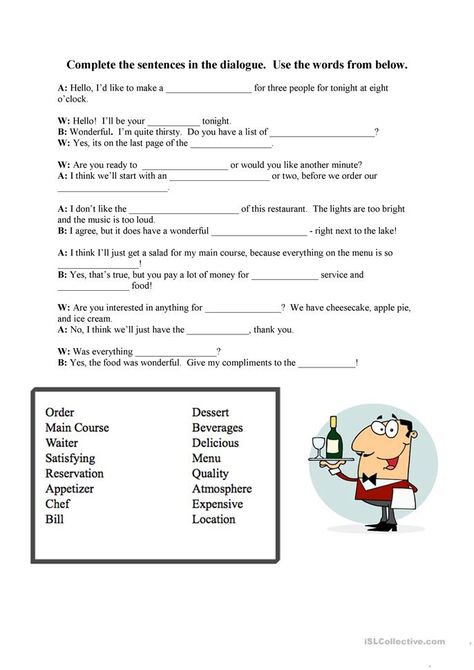 Restaurant Vocabulary Dialogue Worksheet - English ESL Worksheets Dialogue Writing Worksheets, Dialogue Worksheet, English Conversation Worksheets, Speaking Worksheet, High School Vocabulary, English Conversation, Printable Math Worksheets, Math Words, Math Word Problems