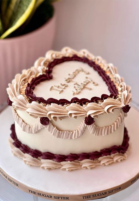 Burgundy Birthday Cake For Women, Brown Heart Shaped Cake, Fall Design Cakes, Two Tier Vintage Heart Cake, Fancy Heart Cake, Heart Themed Cake, Fall Cake Inspiration, Gothic Heart Cake, Heart Shaped Birthday Cake For Women