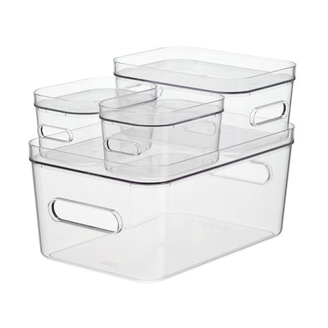 Clear Compact Plastic Bins 4-Pack with Clear Lids | The Container Store Clear Storage Containers, Dorm Checklist, Bathroom Cabinet Organization, Organizing Services, Clear Storage, Under Sink Storage, Kitchen Things, Integrated Handles, Plastic Storage Bins