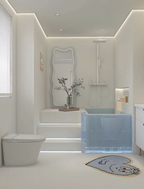 Xiaohongshu House, Blue Aesthetic Bathroom, Blue Bathroom Aesthetic, Bathroom Designs 2023, Kawaii Bathroom, Modern Bathroom Tiles, Blue Bathroom Ideas, Tiles Designs, White Bathroom Designs