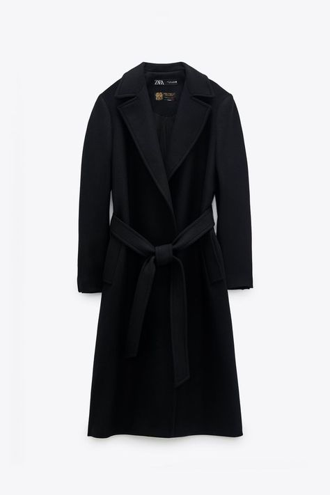 Zara Belted Wool Blend Coat Black Wool Coat Women, Black Wrap Coat, Zara Wool Coat, Long Black Wool Coat, Black Coat Outfit, Belted Wool Coat, Long Black Coat, Zara Coat, Black Winter Coat