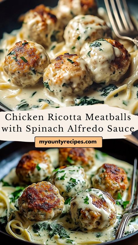 This Delicious Chicken Ricotta Meatballs with Spinach Alfredo Sauce is a fantastic fall dinner option! Combining tender meatballs with a creamy, spinach-infused sauce, it’s a hearty meal your family will love. Perfect for chilly evenings, this recipe is an excellent addition to your list of fall recipes for an easy yet satisfying dinner! Chicken Ricotta Meatballs, Spinach Alfredo Sauce, Meatballs With Spinach, Chicken Ricotta, Healthy Hearty Meals, Spinach Meatballs, Ricotta Stuffed Chicken, Ricotta Meatballs, Spinach Alfredo