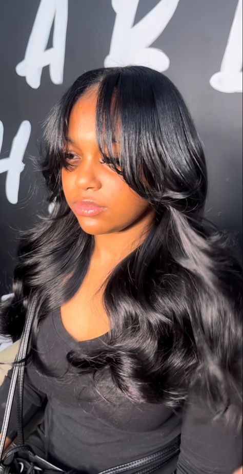 Lace Front Curtain Bangs, Girl With Black Hair And Curtain Bangs, Curtain Bangs Wig Install, Curtain Bangs Closure, Wigs With Curtain Bangs For Black Women, Curtain Bangs Black Women Layered, Sew In Weave With Curtain Bangs, Sew In Weave With Closure Curtain Bangs, Curtain Bang Quick Weave