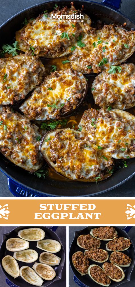 These stuffed eggplant boats make the perfect fall dinner recipe! Filled with a rich, savory meat sauce and topped with melted mozzarella, they’re an easy dinner that’s ideal for chilly autumn evenings. If you haven’t tried stuffed eggplant yet, now’s the perfect time to enjoy this cozy dish! Stuffed Eggplant Boats, Fall Eggplant Recipes, Ground Beef And Eggplant Recipes, Eggplant Dishes Easy, Eggplant Side Dish Recipes, Stuffed Eggplant Recipes, Baby Eggplant Recipes, Eggplant Boats, Eggplant Recipes Healthy