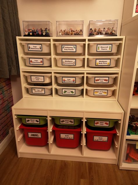 Lego storage using Ikea Trofast furniture Trofast Lego Storage, Lego Billy Ikea, Lego Storage Teenager, Ikea Trofast Lego Storage, Trofast Lego, Ikea Sortera Toy Storage, Lego Workstation, Ikea 8 Kallax & Trofast Stacked, Ikea Boys Bedroom