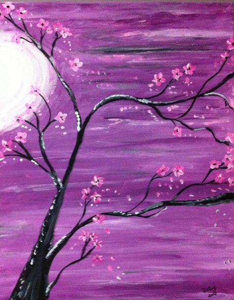 Mystic purple/pink cherry blossom Easy Nature Paintings, Creative Oil Painting, Simple Oil Painting, Tree Of Life Painting, Easy Landscape Paintings, Abstract Wall Art Painting, Modern Canvas Painting, Easy Flower Painting, Sunset Artwork