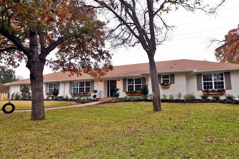 Life Is Just a Tire Swing: A Woodway, Texas Fixer-Upper | HGTV's Fixer Upper With Chip and Joanna Gaines | HGTV Brick Ranch Remodel, Painted Brick Ranch, Exterior House Siding, Best Exterior Paint, Ranch Remodel, Brown Roof, Tire Swing, Brick Ranch, Shutters Exterior