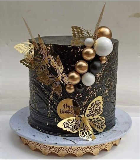 Black And Gold Birthday Cake, Golden Birthday Cakes, Black And Gold Birthday, Black And Gold Cake, Purple Cakes Birthday, Golden Cake, Birthday Cake Decorating Ideas, Gold Birthday Cake, Unique Birthday Cakes