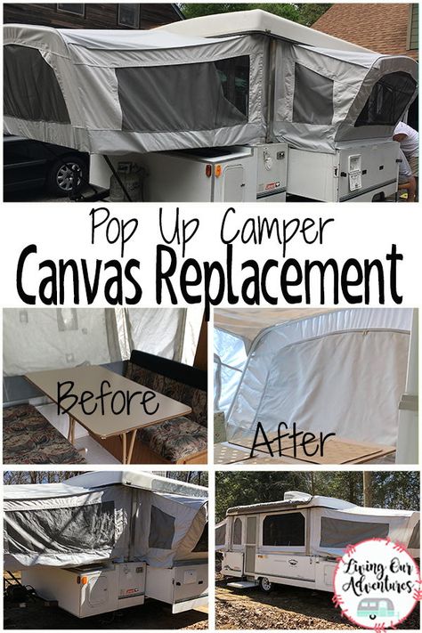 Replacing your canvas on your Pop Up Camper is actually quite simple. It just takes some planning and time. #camperremodel #campermods Pop Up Camper Repair, Pop Up Camper Canvas Replacement, Pop Up Campers Remodeled, Pop Up Camper Canvas Repair, Popup Camper Remodel Ideas, Tent Trailer Remodel Diy, Pop Up Trailer Hacks, Pop Up Trailer Makeover, Diy Pop Up Camper