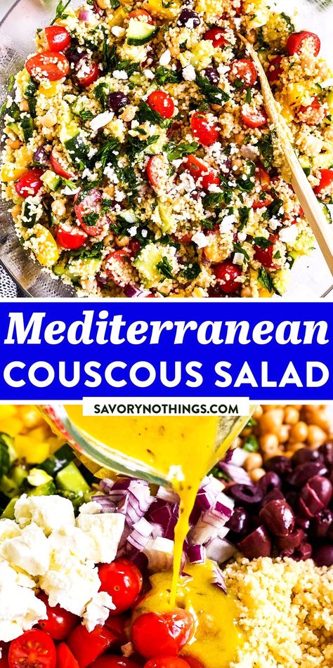 Indulge in the vibrant flavors of the Mediterranean with this refreshing couscous salad recipe from Savory Nothings. Perfect for a light lunch or a colorful side dish, this salad combines fluffy couscous with fresh vegetables, tangy feta cheese, and a zesty lemon dressing. Easy to prepare and bursting with wholesome ingredients, it's a delightful way to enjoy a taste of the Mediterranean at home. Whether you're hosting a summer gathering or meal prepping for the week, this couscous salad is sure to impress with its delicious taste and beautiful presentation. Mediterranean Cous Cous Salad Recipes, Mediterranean Pearl Couscous Salad, Coucous Salad Recipes Feta, Pearl Cous Cous Salad, Halloumi Chicken, Couscous Salads, Mediterranean Ingredients, Feta Cucumber, Greek Couscous Salad