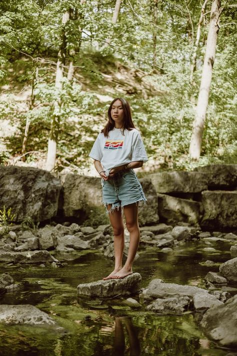 woman in white shirt standing on rock near river during daytime photo – Free Apparel Image on Unsplash Streetwear Aesthetic Outfits, Tshirt Outfit Summer, River Aesthetic, Woman Photos, Baby Boy Outfits Swag, Outing Outfit, Aesthetic Outfits Men, Black Men Fashion Swag, Strappy Maxi Dress