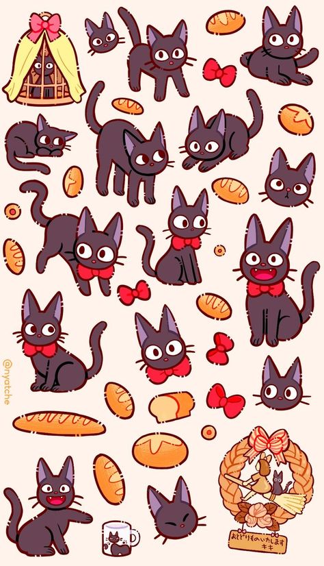 Ghibli Studio Characters, Studio Ghibli Design Ideas, Kiki's Delivery Service Cat Drawing, Ghibli Pattern, Studio Ghibli Cute, Studio Ghibli Wallpaper Kiki Cat, Totoro Fanart, Studio Ghibli Aesthetic Stickers, Ghibli Cat