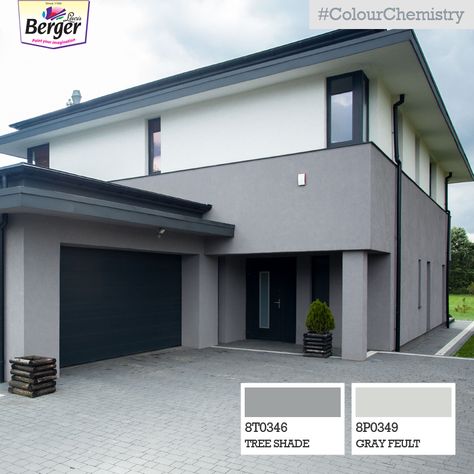 What can probably go wrong with painting your exteriors in ‪#‎ShadesOfGrey‬? Nothing at all! ‪#‎ColourChemistry‬ Color Combinations Paint Exterior, Outdoor Colours For Houses Indian, Contemporary House Exterior Colors, Contemporary House Exterior Paint Colors, Grey Exterior Paint Colors For House, House Paint Exterior Colour Schemes, Exterior House Paint Schemes, Outdoor House Colors, Amphitheater Architecture