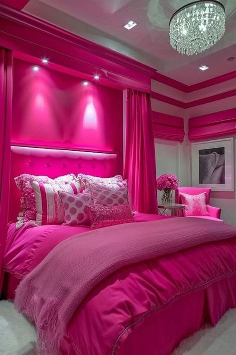 Hot Pink Bedroom Ideas, Hot Pink Bedroom, Hot Pink Furniture, Hot Pink Room, Hot Pink Bedrooms, Girly Pink Bedroom, Beautiful Dorm Room, Comfortable Bedroom Decor, Pink Bedroom Ideas