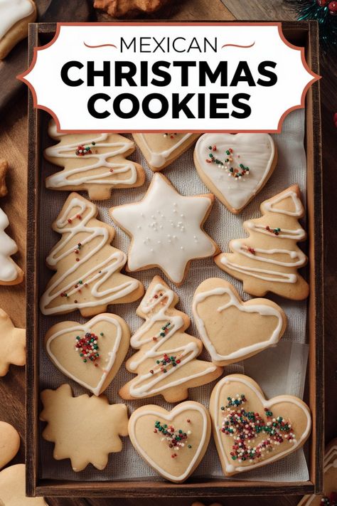 Assorted decorated Christmas cookies in festive shapes. Mexican Cinnamon Sugar Cookies, Traditional Mexican Christmas Dinner, Christmas Mexican Food, Easy Mexican Desserts, Mexican Sugar Cookies, Mexican Christmas Cookies, Colorful Mexican Wedding, Mexican Cookies Recipes, Mexican Christmas Food