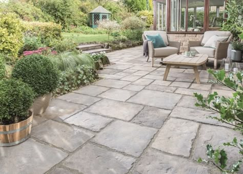 Stone Patio Garden Ideas, Garden Covered Area, Country Cottage Backyard, Backyard Ideas Where Grass Wont Grow, Outside Tiles Outdoor Spaces, Garden Slab Ideas, Garden Slabs Ideas, Garden Tiles Ideas, Backyard Stone Patio Ideas