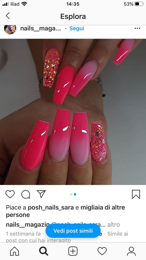 Bright Ombre Nails Glitter, Coral Prom Nails, Glam Summer Nails, Bright Pink And Gold Nails, Bright Summer Acrylic Nails Glitter, Pink Neon Sign Quote, Caribana Nails, Neon Pink Nails With Glitter, Gel Nails Pink And White