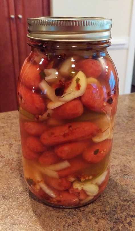 Spicy Pickled Sausage Recipe, Penrose Hot Sausage Recipe, Pickled Bologna Recipe, Pickled Sausage Recipe, Hot Sausage Recipes, Pickled Meat, Pickled Sausage, Pickled Vegetables Recipe, Homemade Sausage Recipes