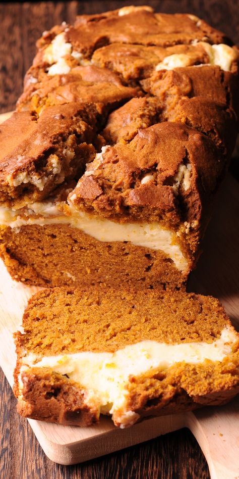 Pumpkin Bread with Cream Cheese Filling is a combination of two desserts: pumpkin bread and cheesecake!  Ingredients: eggs, sugar, pumpkin puree, vegetable oil, vanilla extract, cinnamon, nutmeg, pumpkin spice, flour, baking soda, salt, cream cheese  #pumpkin #creamcheese #quickbread #bread #thanksgiving #christmas #dessert #kidsfriendly #easyrecipe #sweets #cinnamon #pumpkin spice #nutmeg #vanilla Bread With Cream Cheese Filling, Bread Thanksgiving, Pumpkin Bread With Cream Cheese, Desserts Pumpkin, Cream Cheese Pumpkin, Pumpkin Cream Cheese Bread, Bread With Cream Cheese, Cheesecake Ingredients, Pumpkin Spice Bread