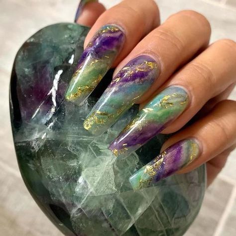 Purple And Green Marble Nails, Gemstone Inspired Nails, Sapphire Blue Acrylic Nails, Purple Geode Nails, Fluorite Nails, Alexandrite Nails, Gemstone Nail Designs, Green And Purple Nail Designs, Purple And Green Nails Acrylic