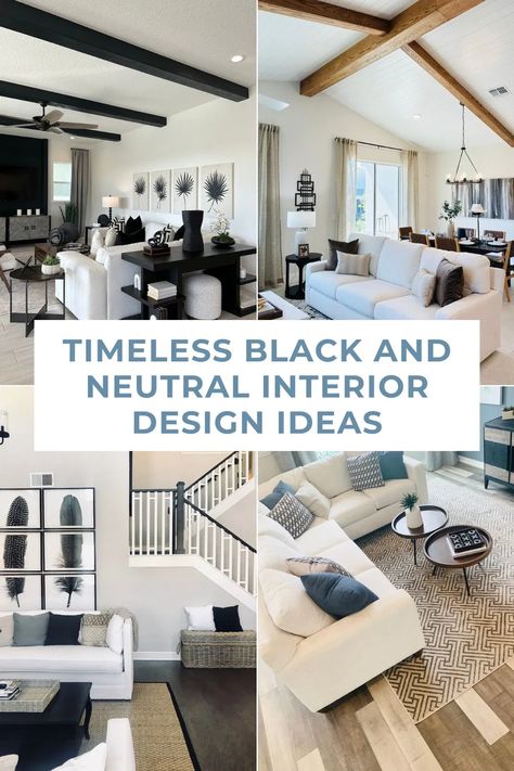 Beige Grey And Black Living Room, Black And Cream Interior, Decorating With Black Accents, Beige And Black Interior Design, Black And White Family Room, Black White Brown Aesthetic, Black And Beige Living Room Modern, Neutral And Black Living Room, Neutral Living Room With Black Accents